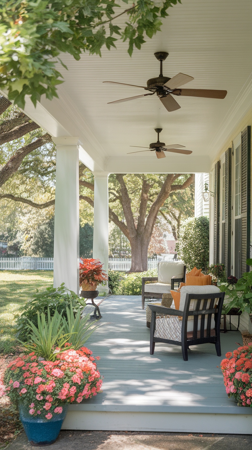 A double wide front porch with two ceiling fans and cozy seating, surrounded by greenery and potted flowers.