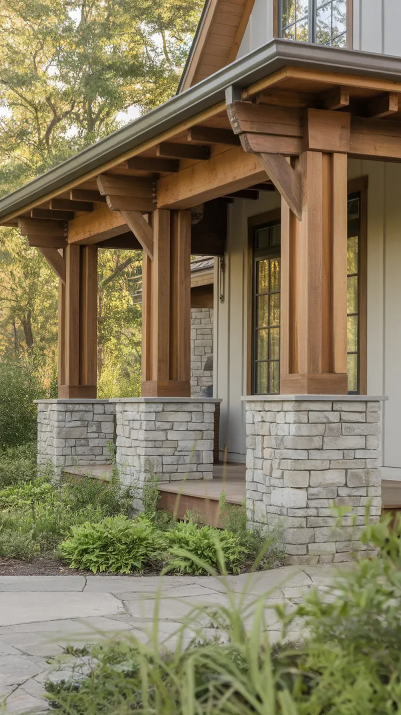 A porch featuring chunky cedar beams supported by stone bases, surrounded by greenery.