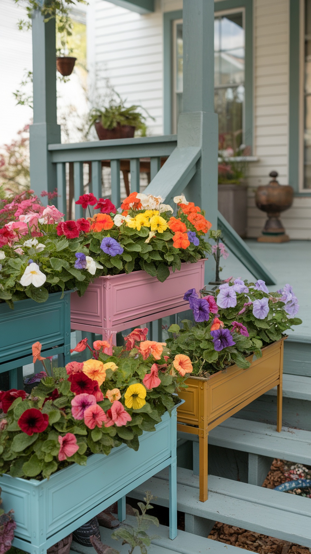 Colorful annual flowers in painted metal planters on a porch.