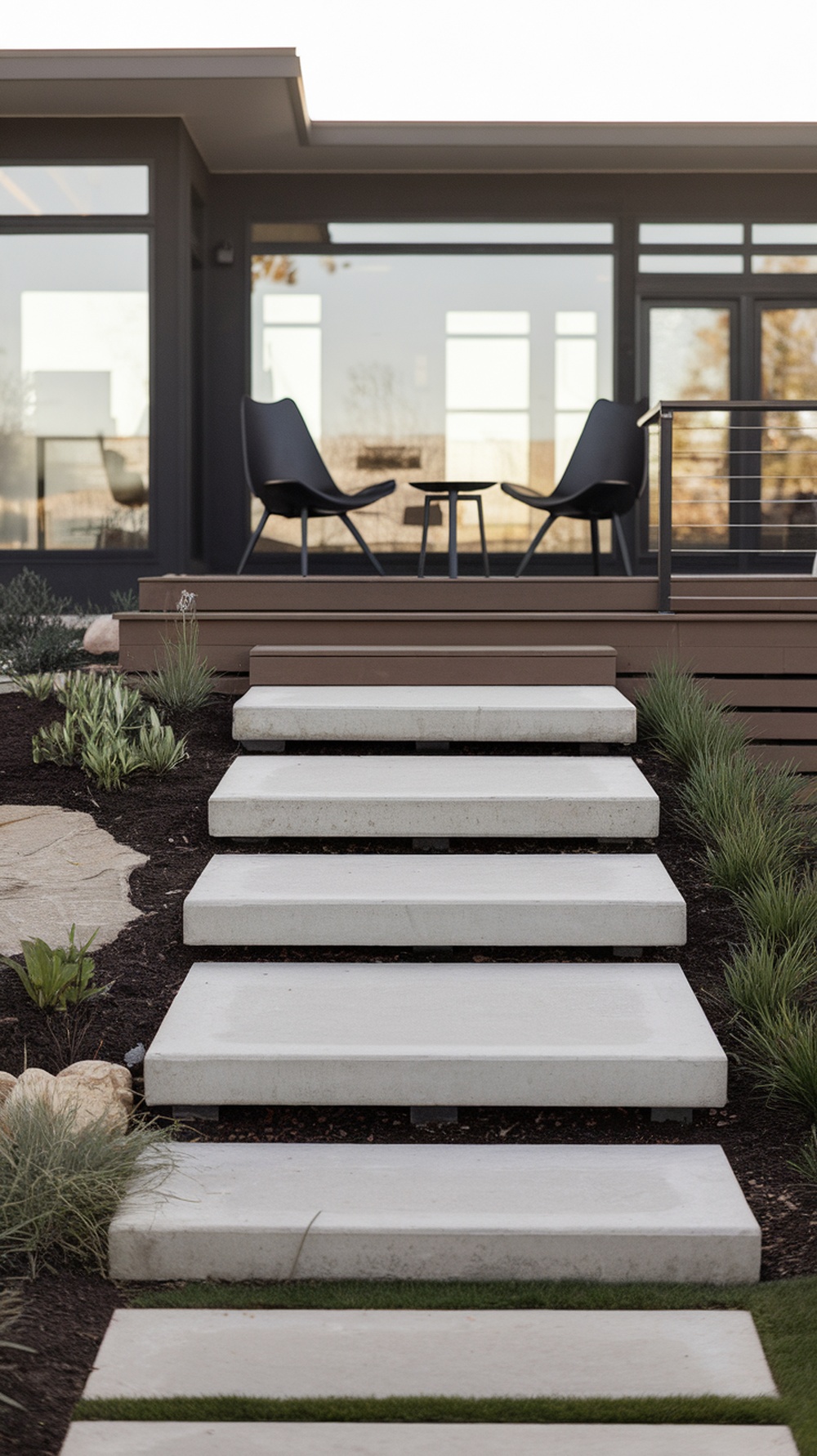 Concrete steps leading to a modern home, surrounded by greenery.
