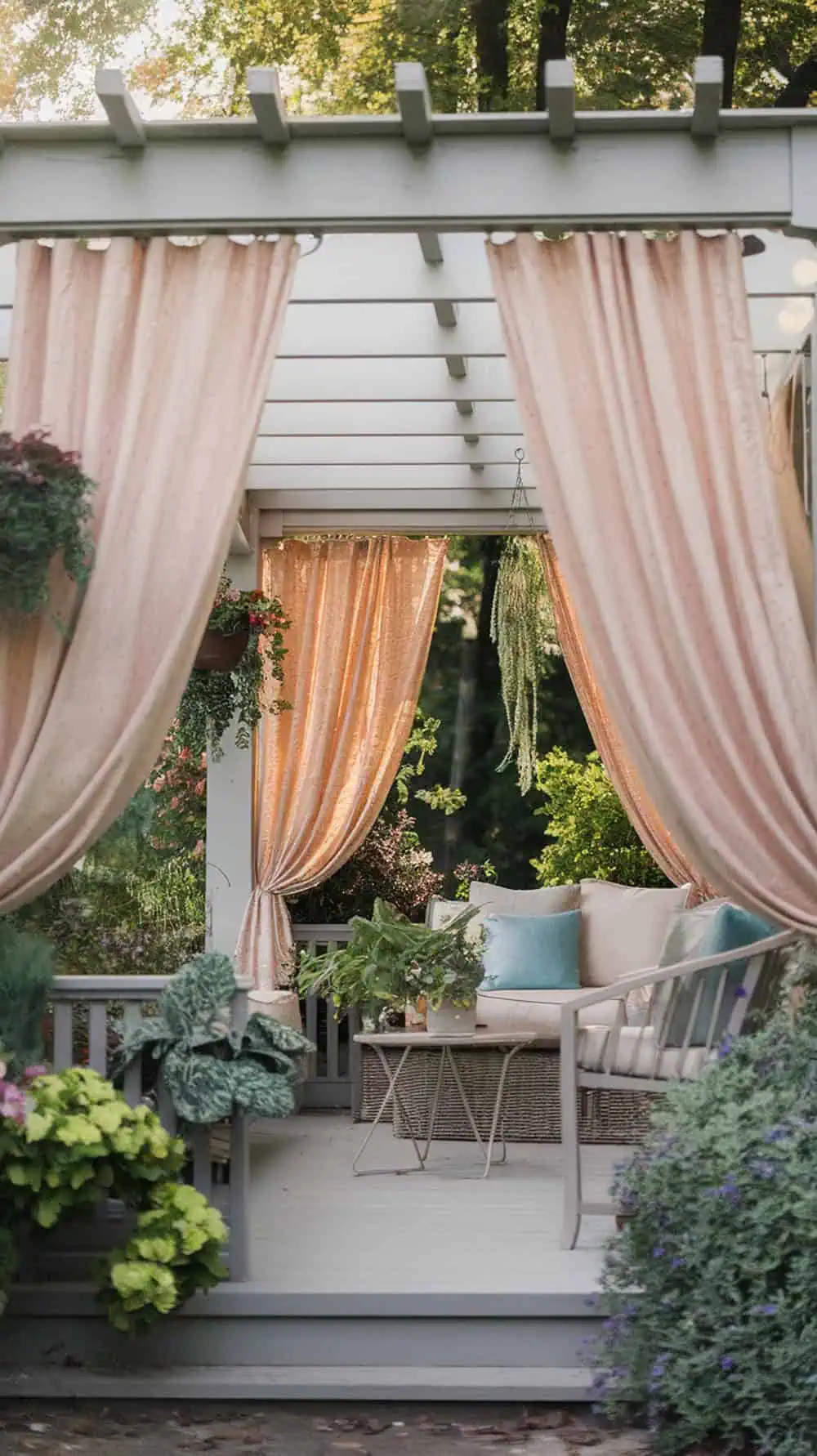 A cozy front porch pergola with soft curtains on the sides, surrounded by plants.