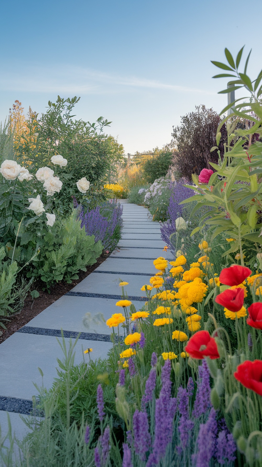 A scenic front yard walkway lined with colorful flowers and shrubs.