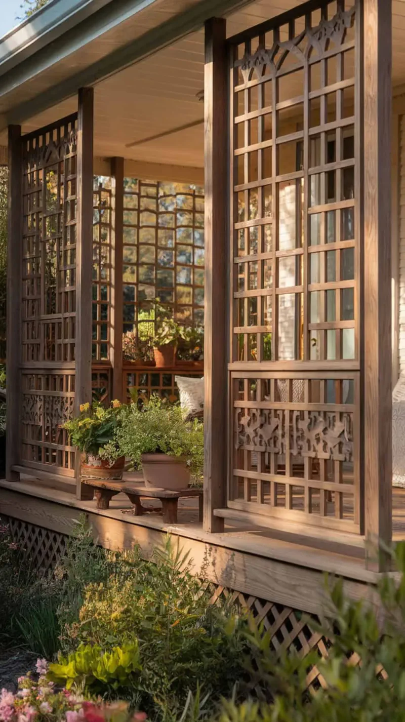 A beautiful porch with lattice panels below the railing, featuring potted plants and a cozy seating area.