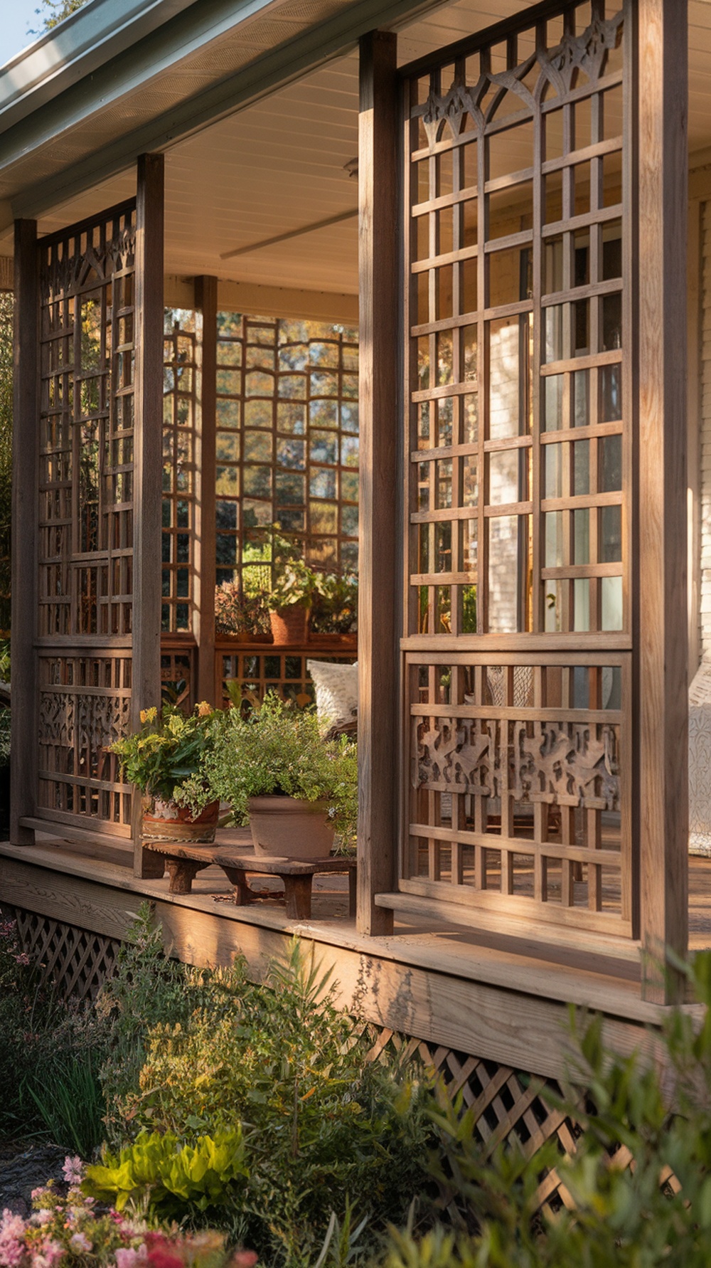 A beautiful porch with lattice panels below the railing, featuring potted plants and a cozy seating area.