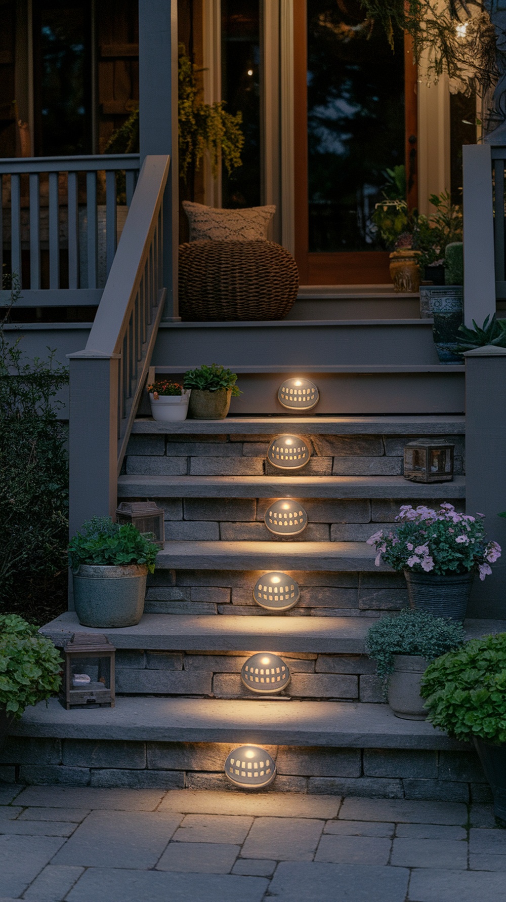 A set of illuminated porch steps with stylish lighting under each step.
