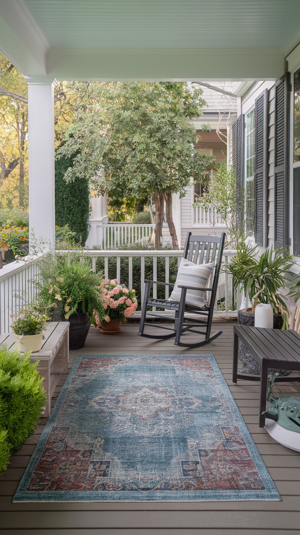 Outdoor porch with a decorative rug, plants, and seating