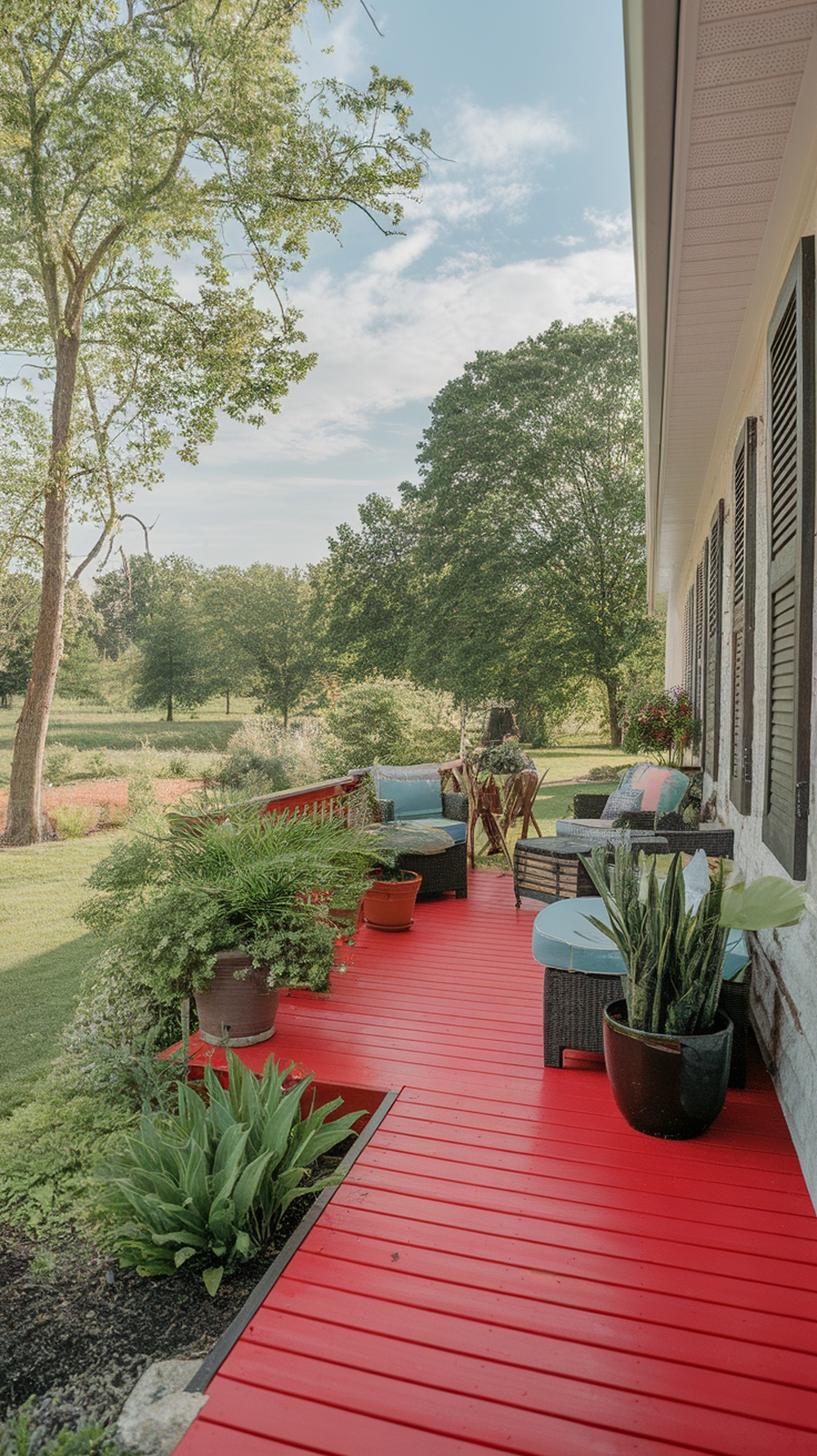 A beautifully landscaped front porch with vibrant red rubber decking, surrounded by greenery and comfortable seating.