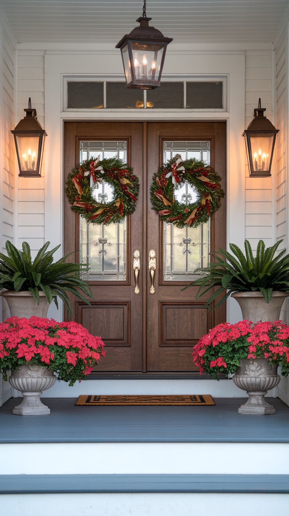 Front porch with double doors, decorated with wreaths, lanterns, and potted plants.