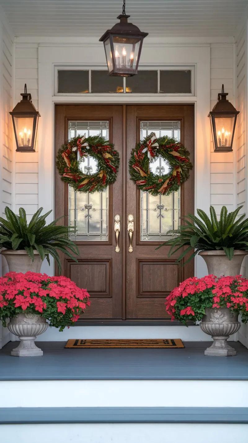 Front porch with double doors, decorated with wreaths, lanterns, and potted plants.