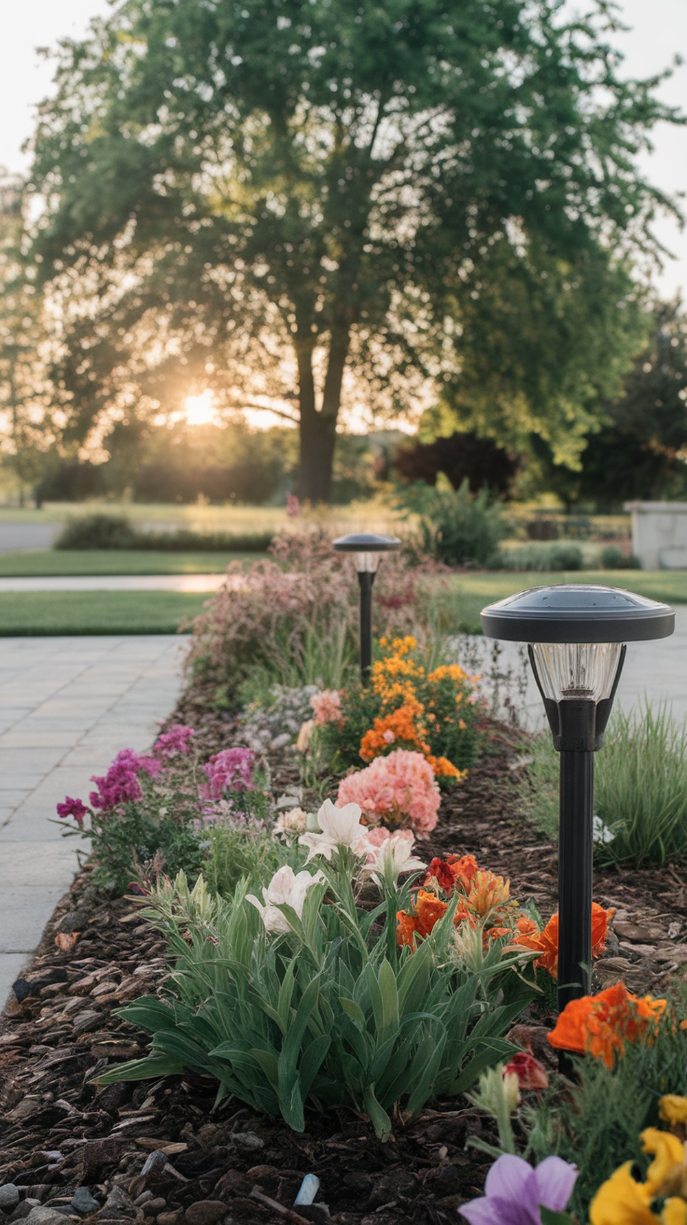 A flower bed with colorful flowers and solar garden lights glowing softly in the evening light.