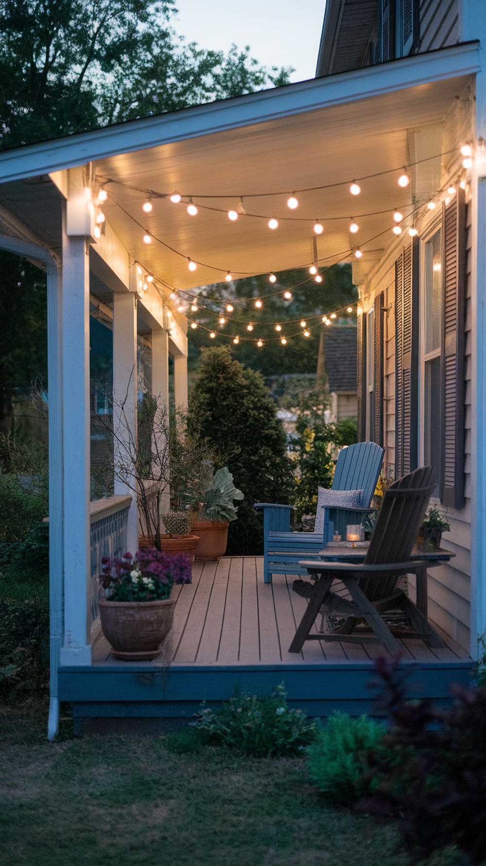A front porch decorated with string lights hanging from the ceiling, creating a warm glow around seating areas.
