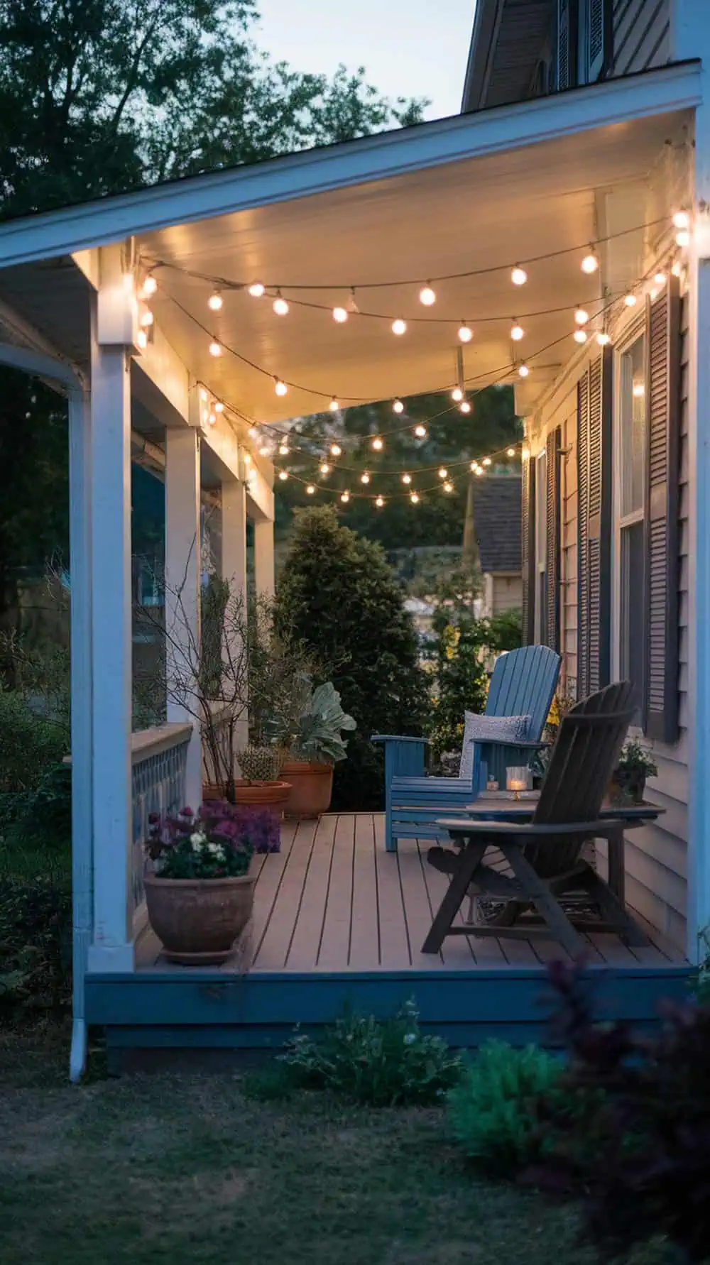 A front porch decorated with string lights hanging from the ceiling, creating a warm glow around seating areas.