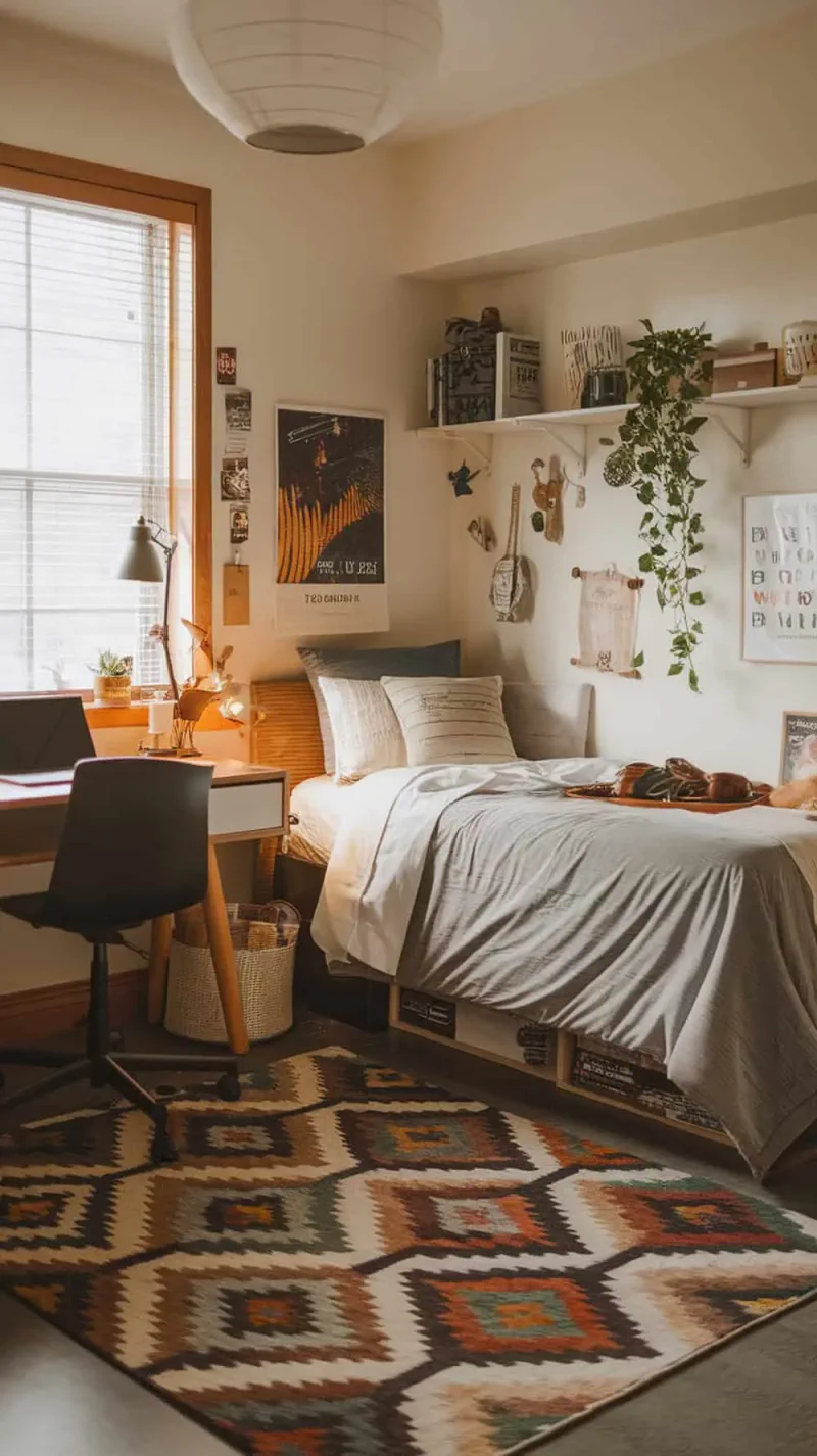 A cozy boy's dorm room featuring a colorful area rug, a bed, and a study desk.