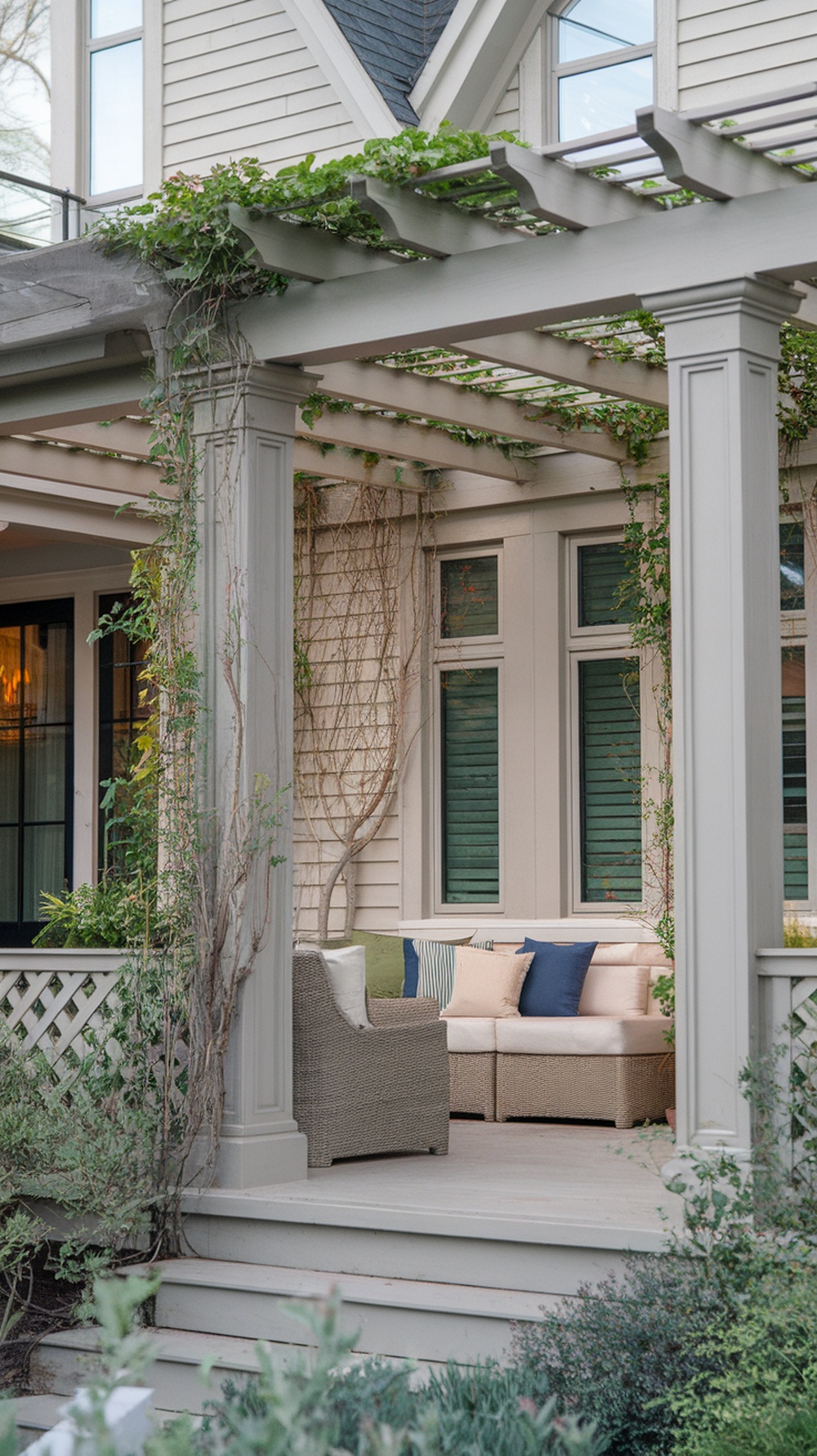A beautiful pergola attached to a house, featuring comfortable seating and climbing vines.