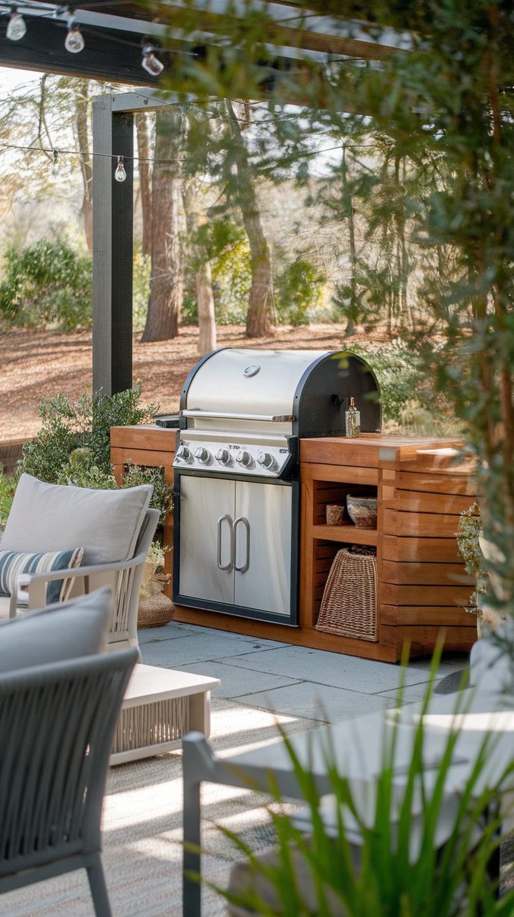 Cozy backyard nook with a smoker and wooden storage cabinet