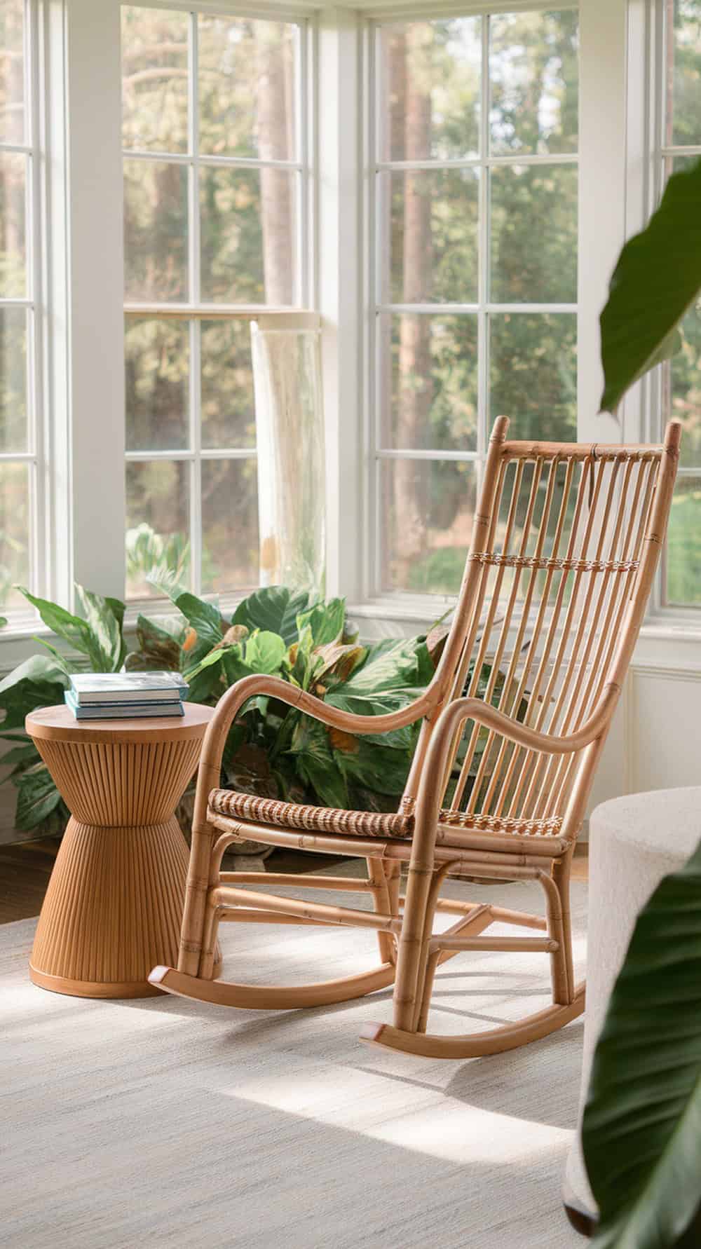 A bamboo rocking chair with a side table in a sunroom, surrounded by plants and large windows.