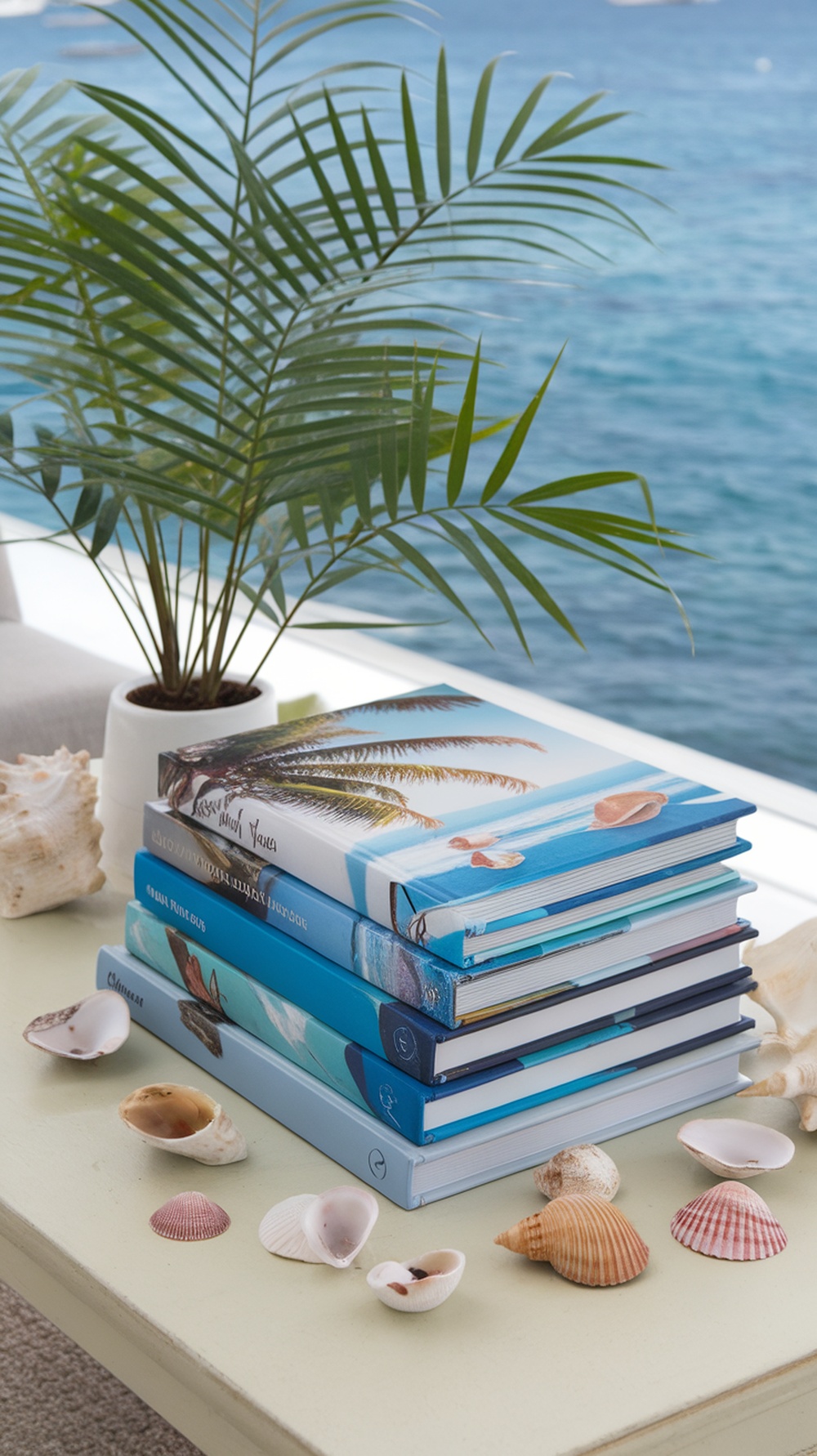 A stack of beach-themed books next to seashells and a plant, showcasing a coastal living vibe.