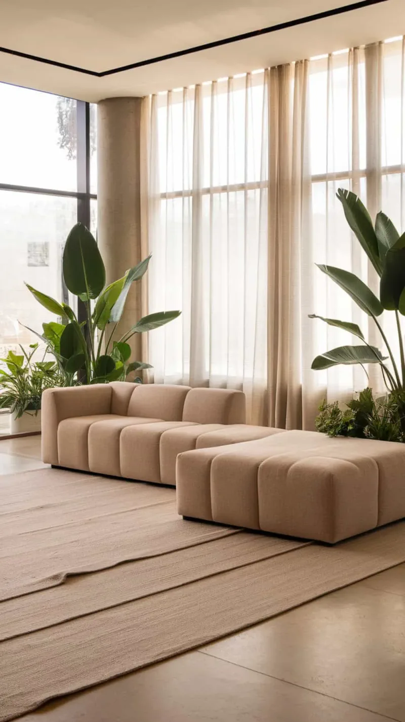 A modern living room featuring a beige L-shape sofa, layered rugs, and green plants.