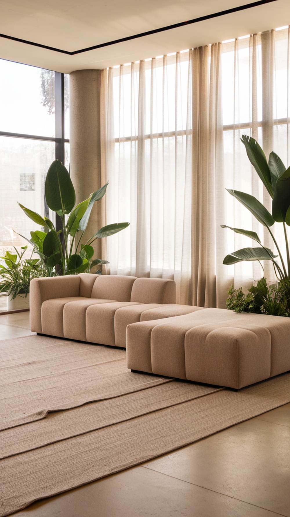 A modern living room featuring a beige L-shape sofa, layered rugs, and green plants.