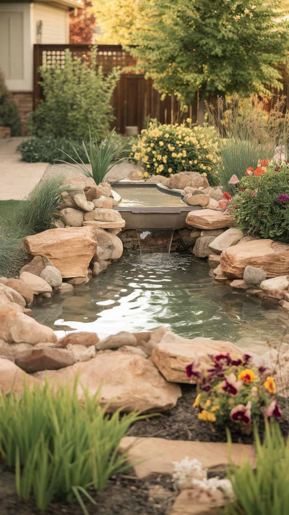 A tranquil water feature surrounded by large rocks and colorful flowers in a front yard.