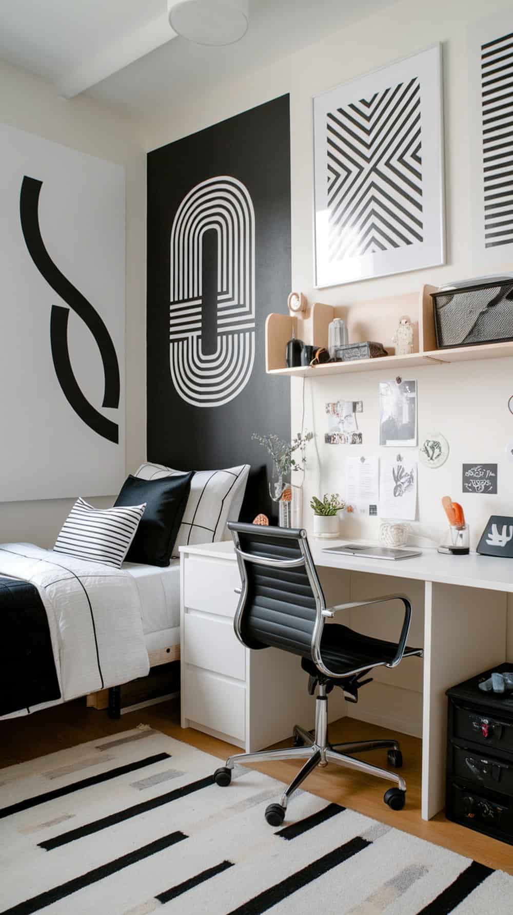 Stylish black and white wall art in a boy's dorm room