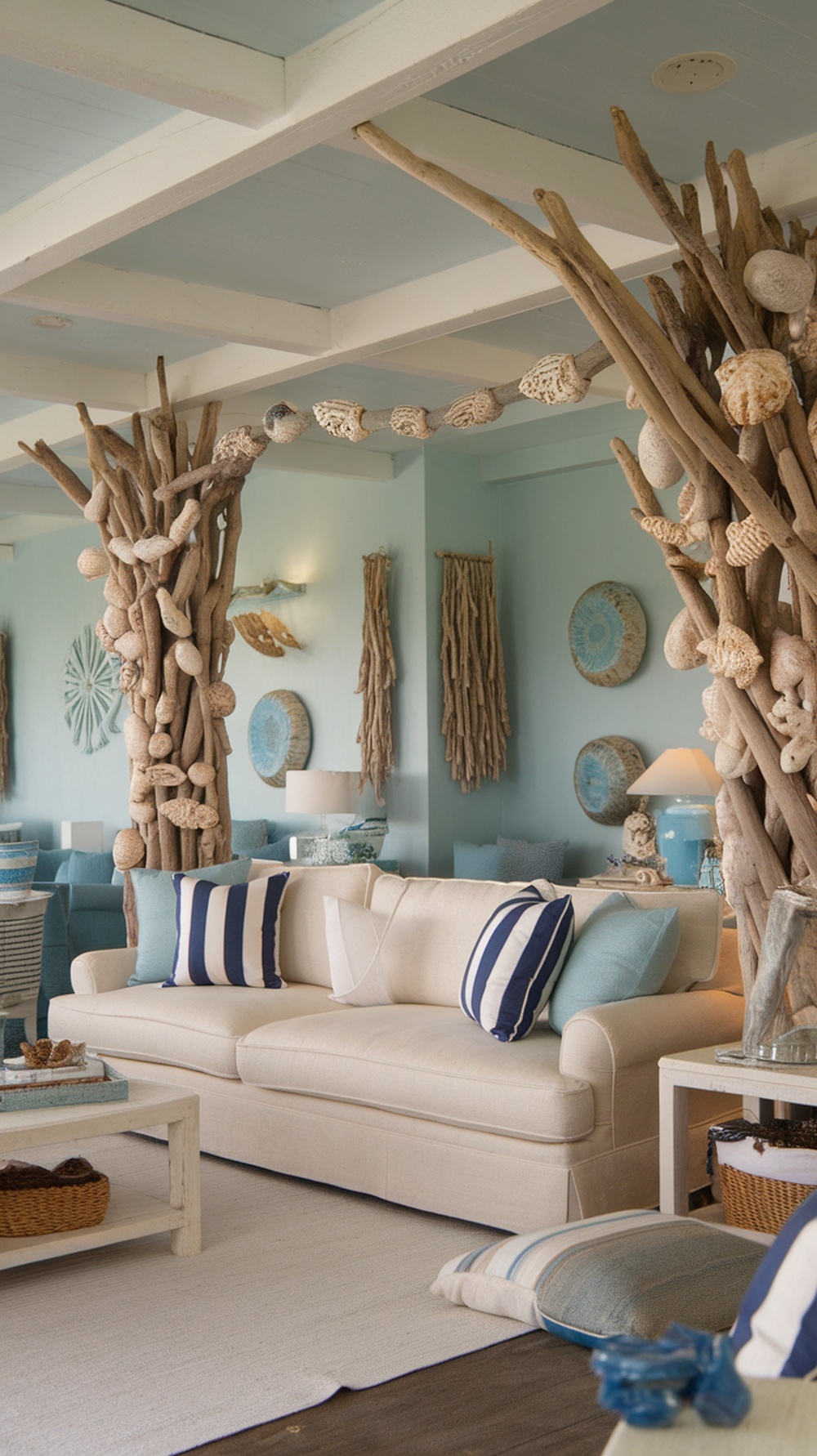 A cozy living room with blue and white striped throw pillows on a light sofa, creating a beachy vibe.