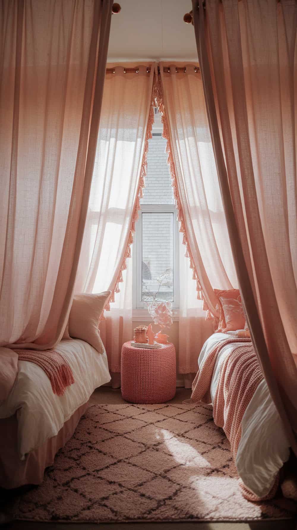 A cozy dorm room with blush curtains framing a window, two beds with matching pillows, and a small round table.