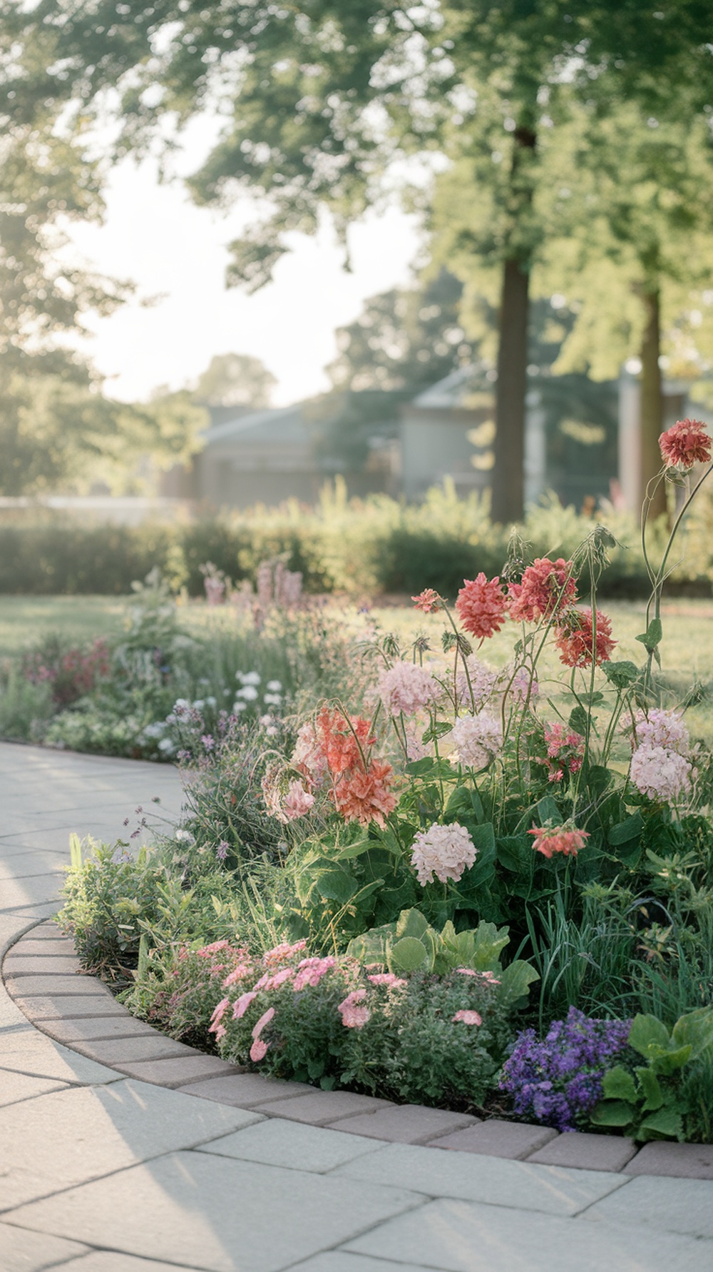 Flower bed bordered with decorative stones and pavers, showcasing colorful flowers.