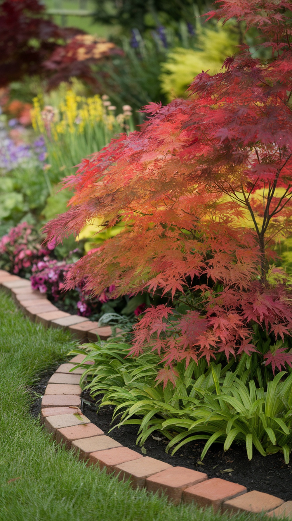 A Japanese maple tree bordered by brick edging in a colorful garden.