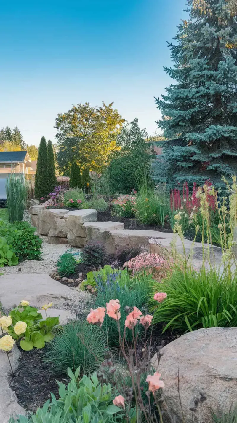 A beautifully landscaped yard featuring large boulders as natural garden borders.