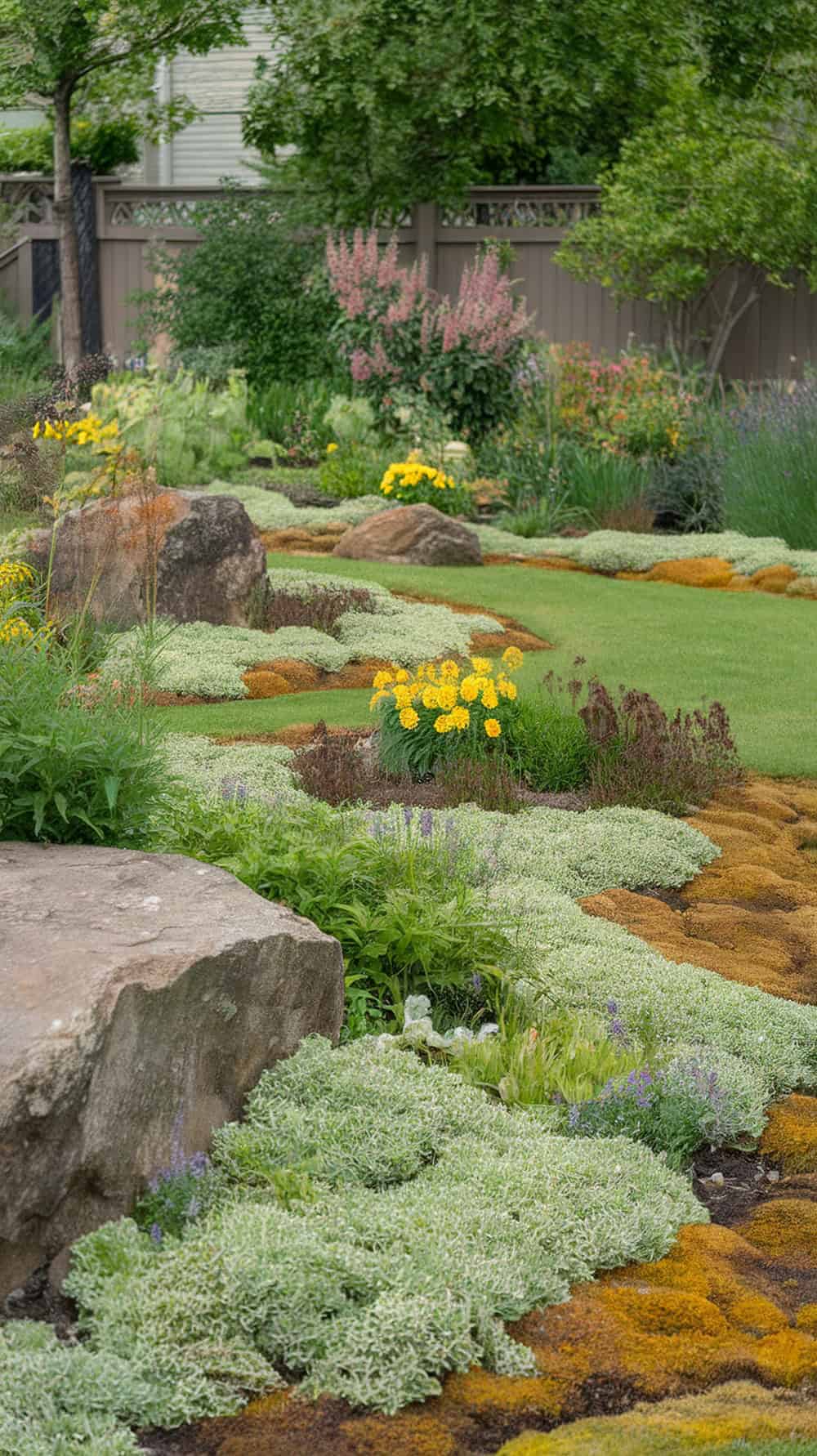 A landscaped garden with boulders surrounded by creeping ground covers and colorful flowers.