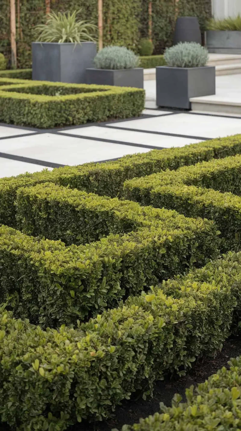 A modern front yard with neatly trimmed boxwood hedges providing a sleek border look.