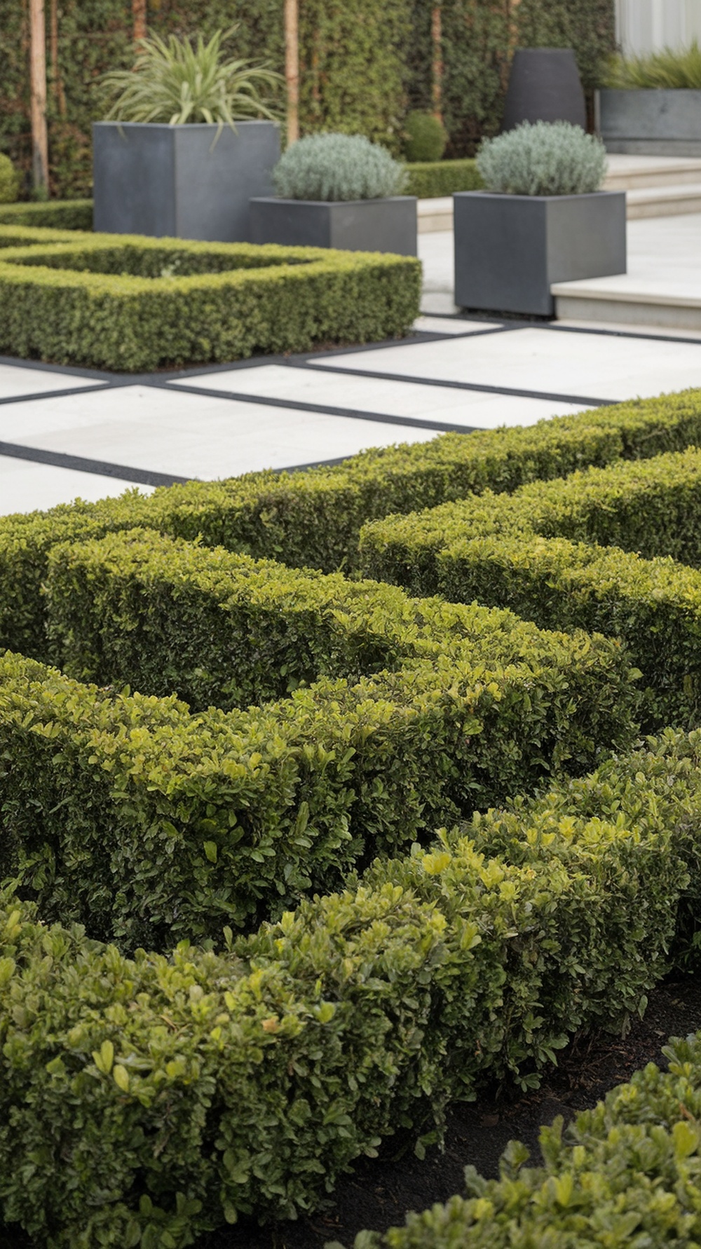 A modern front yard with neatly trimmed boxwood hedges providing a sleek border look.