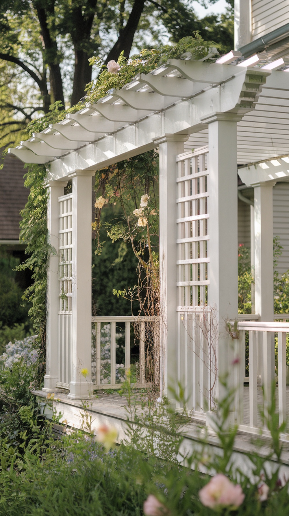 A white wood pergola on a front porch surrounded by green plants and flowers.