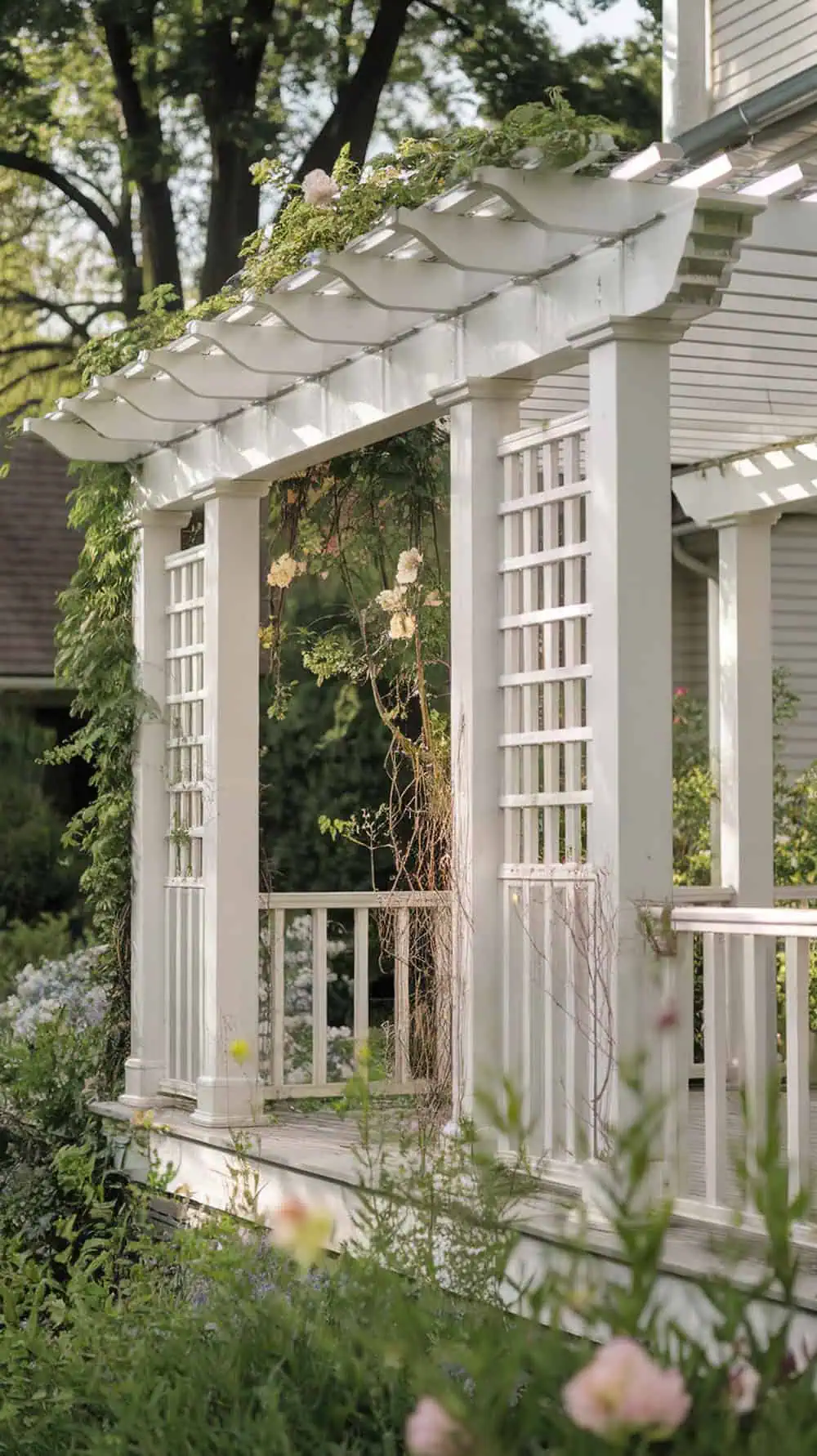 A white wood pergola on a front porch surrounded by green plants and flowers.