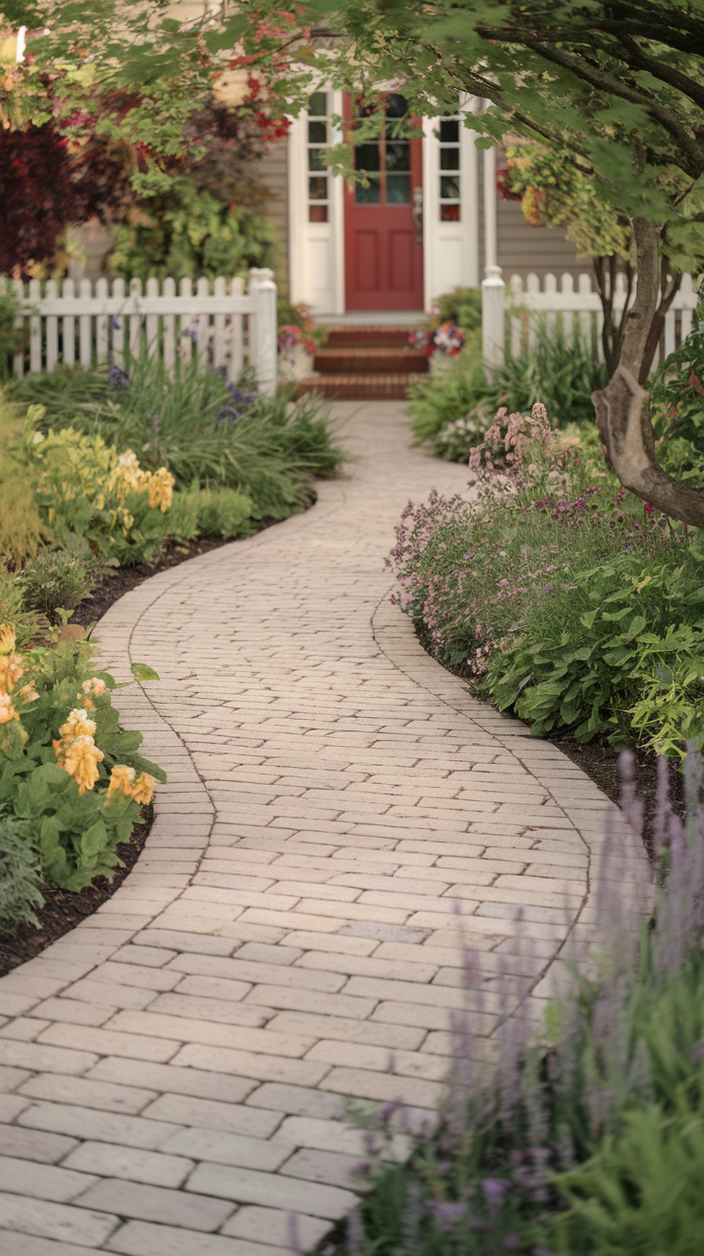 A wide brick walkway leading to a front door, surrounded by colorful flowers and greenery.