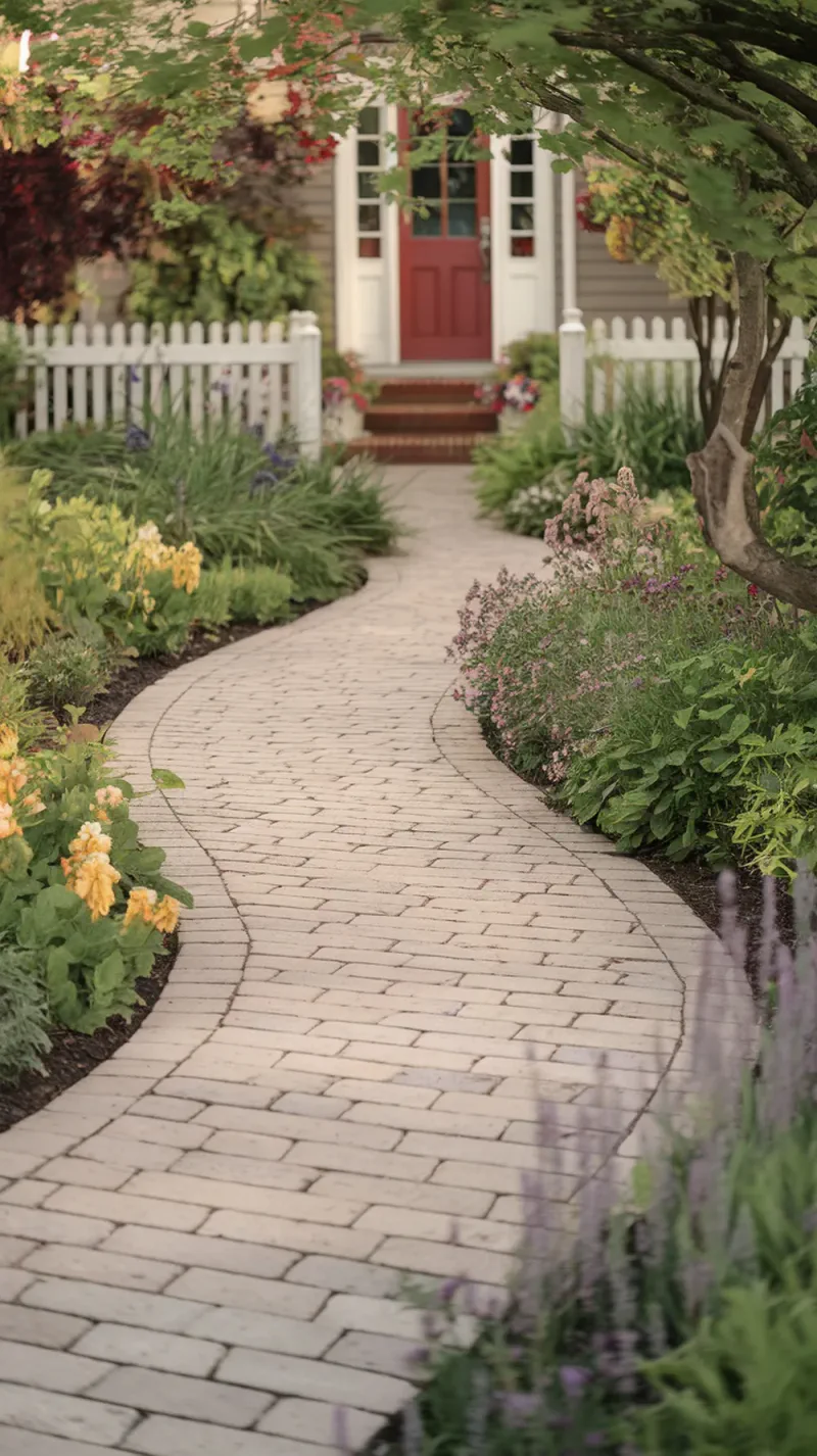 A wide brick walkway leading to a front door, surrounded by colorful flowers and greenery.