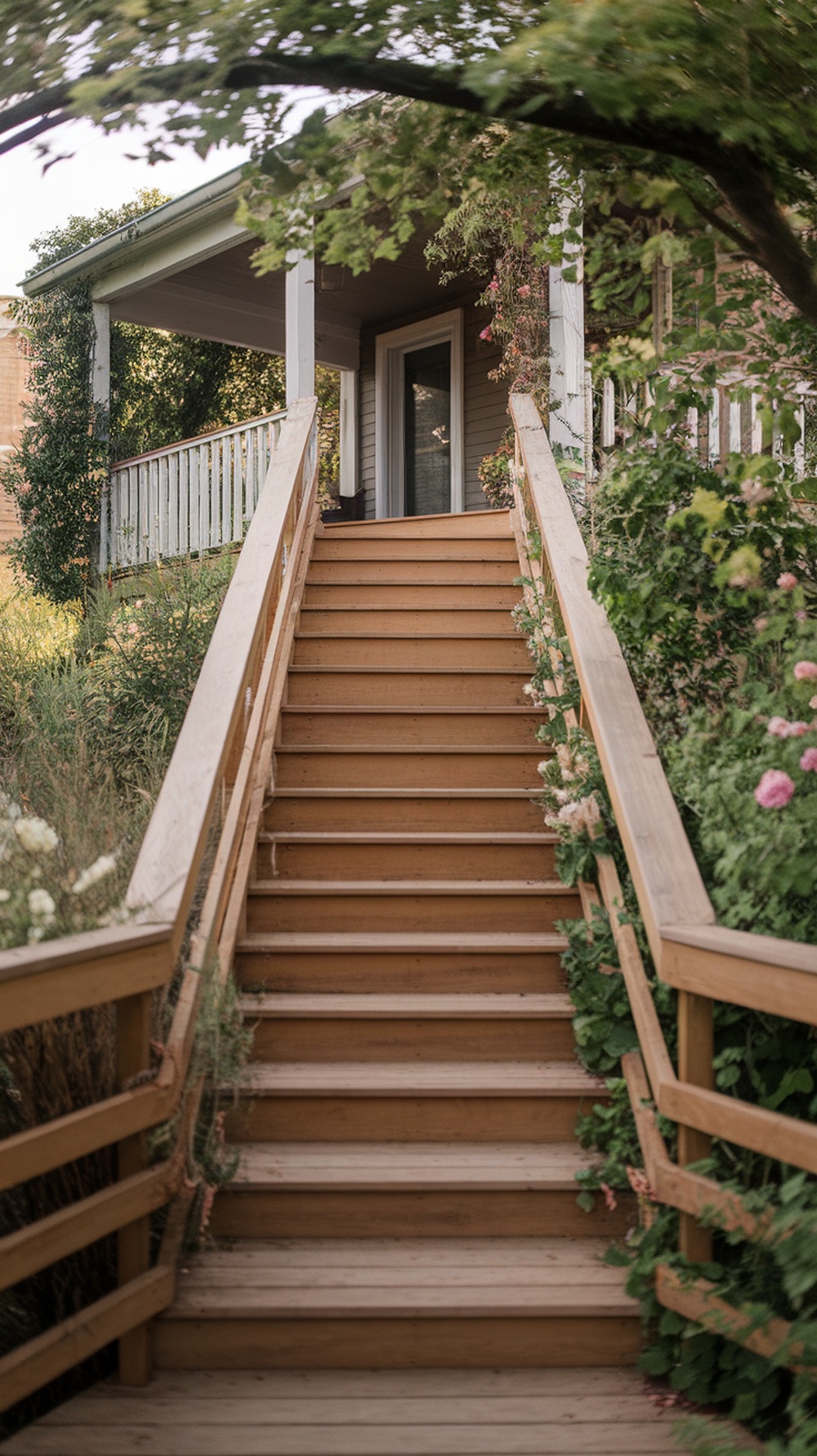 A set of deep, low wooden porch steps leading up to a house, surrounded by greenery and flowers.