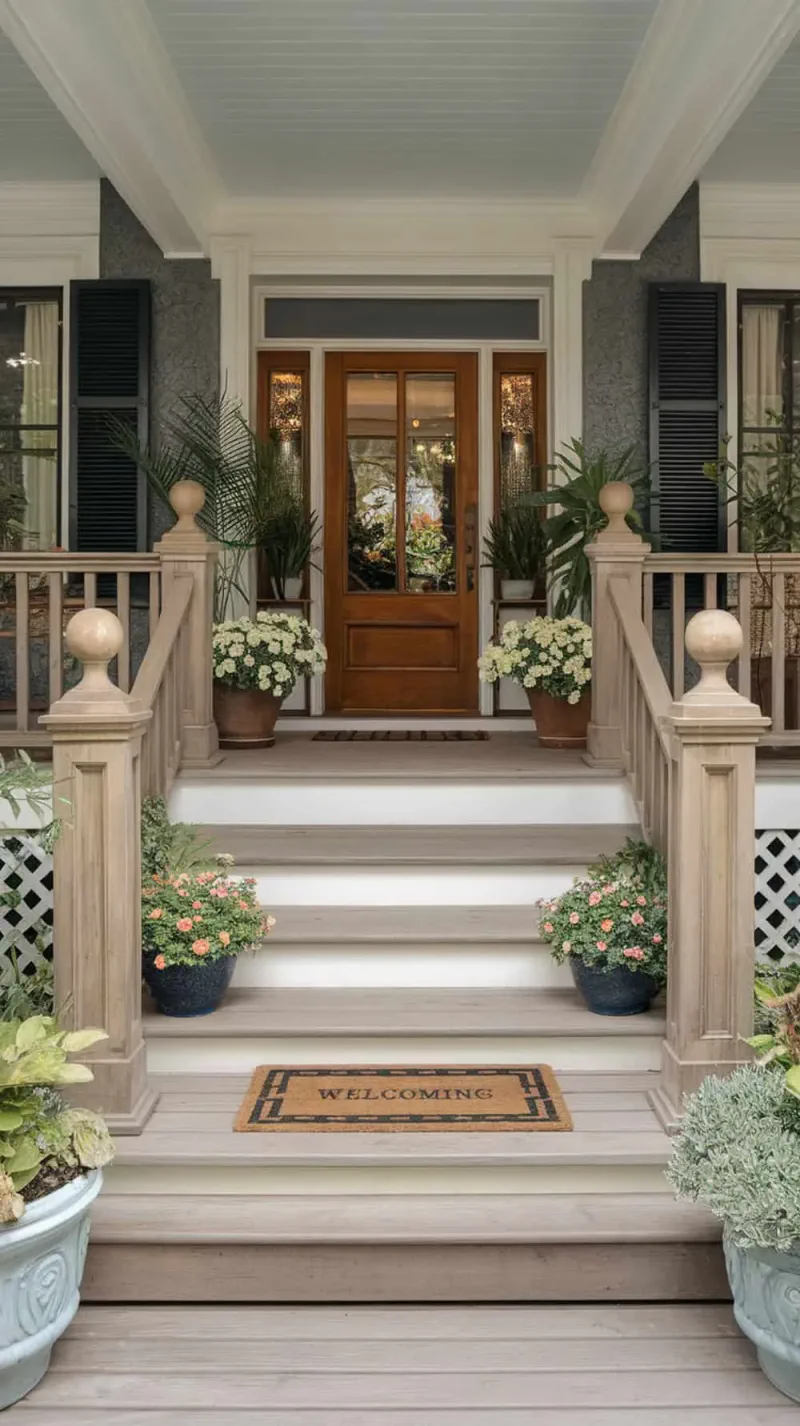 A welcoming front porch with wooden steps, railing posts on each side, and flower planters.