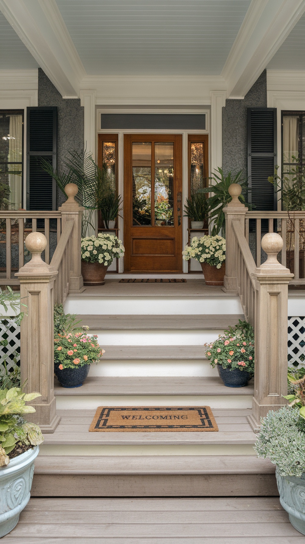 A welcoming front porch with wooden steps, railing posts on each side, and flower planters.