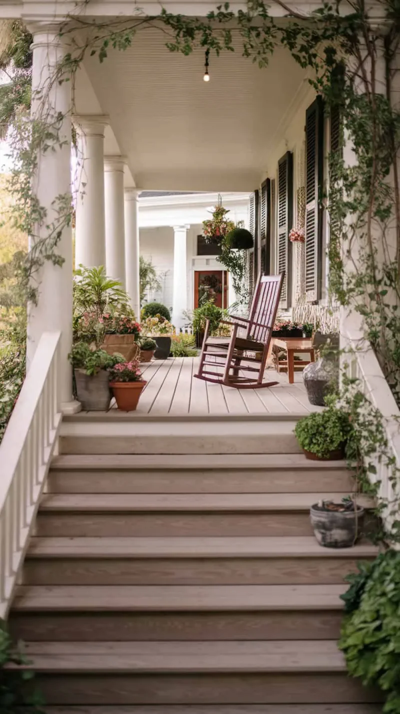 Wide wooden steps leading up to a welcoming front porch with plants and a rocking chair.