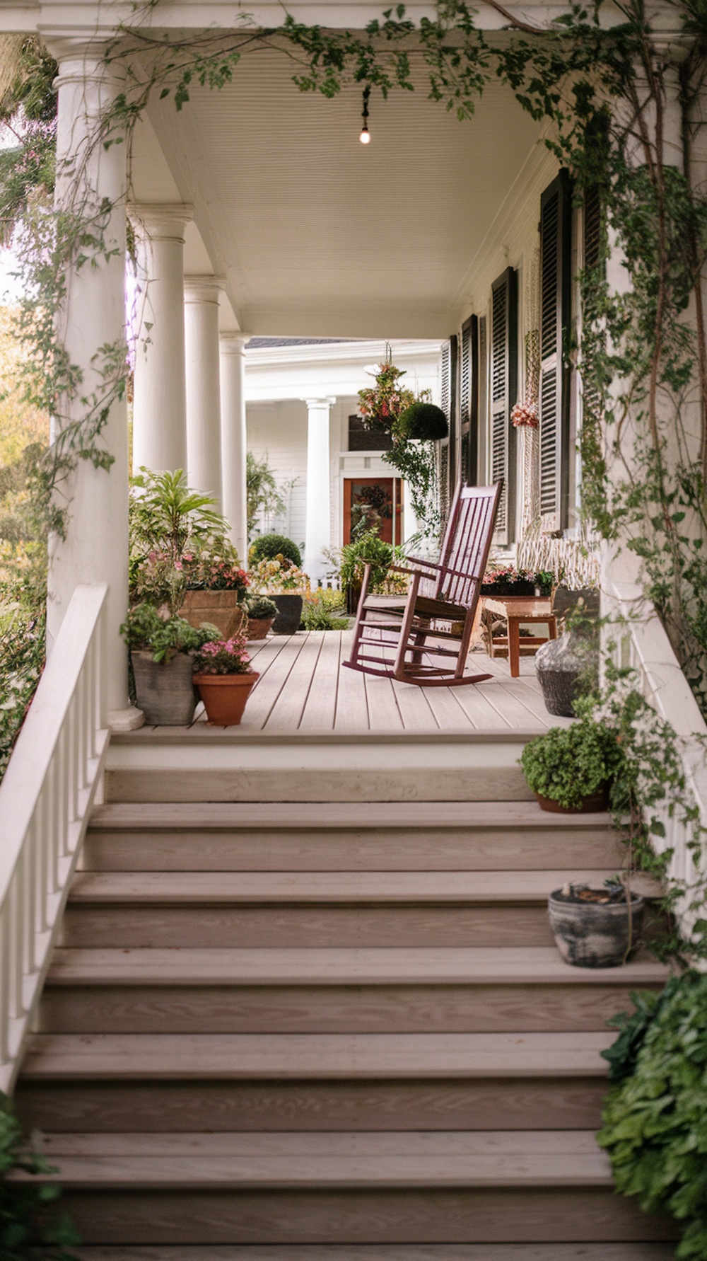 Wide wooden steps leading up to a welcoming front porch with plants and a rocking chair.