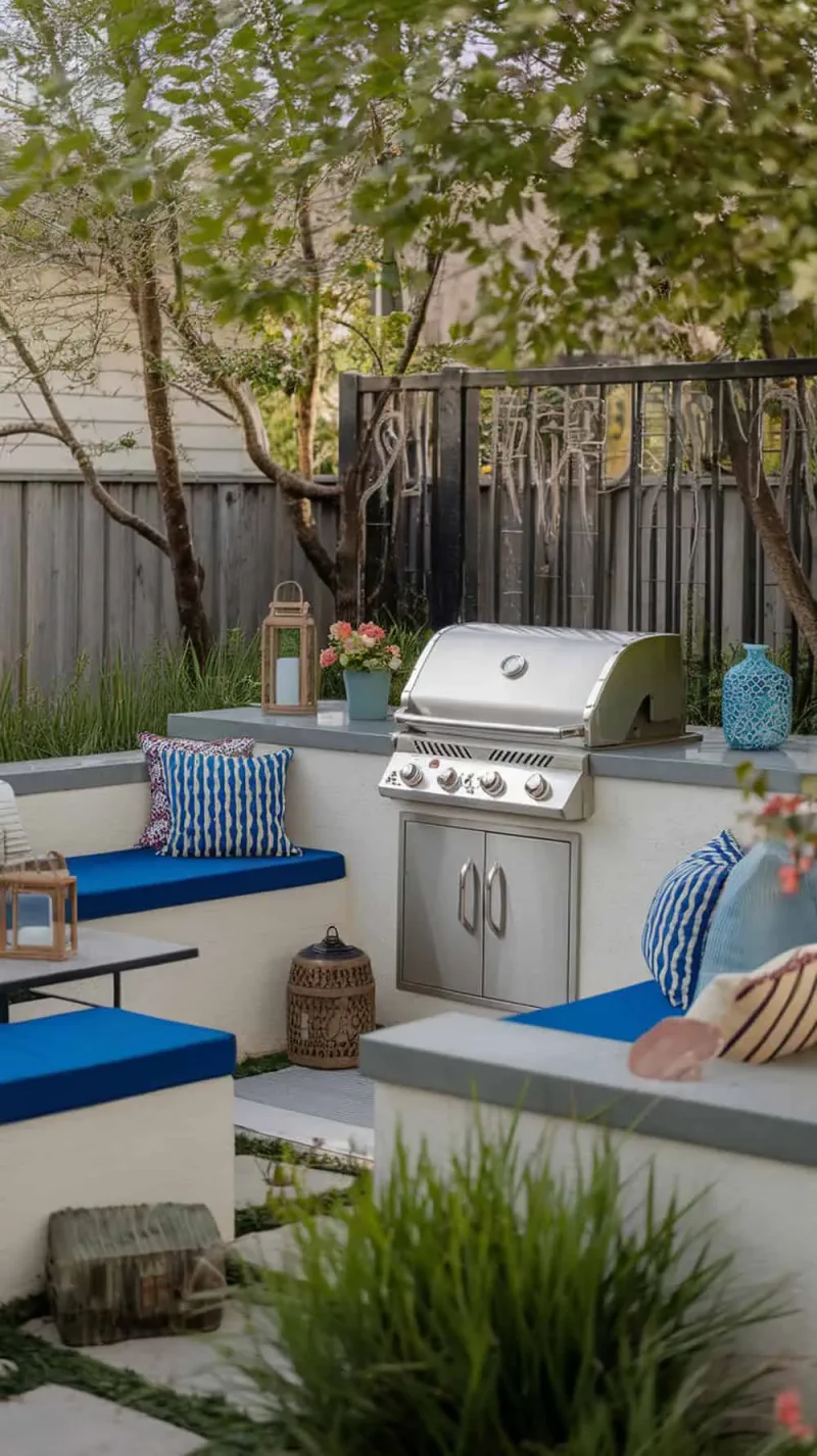 Image of a cozy BBQ area featuring built-in benches with blue cushions, a grill, and decorative plants.