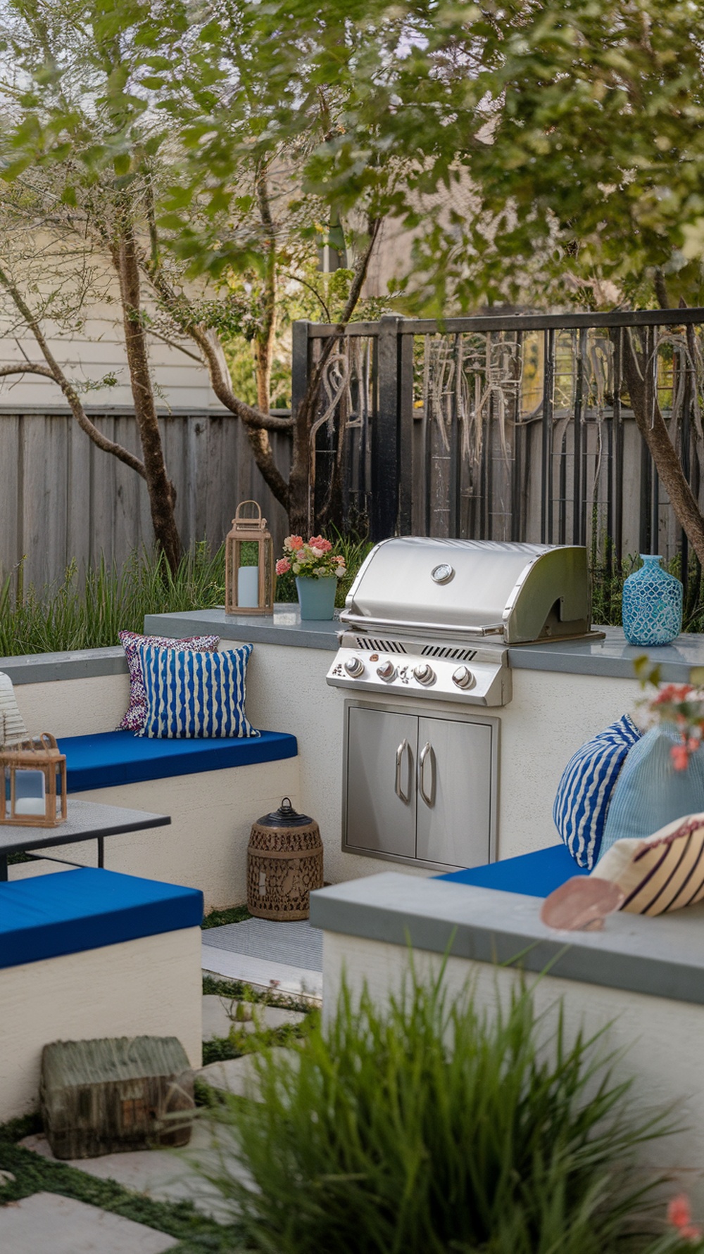 Image of a cozy BBQ area featuring built-in benches with blue cushions, a grill, and decorative plants.