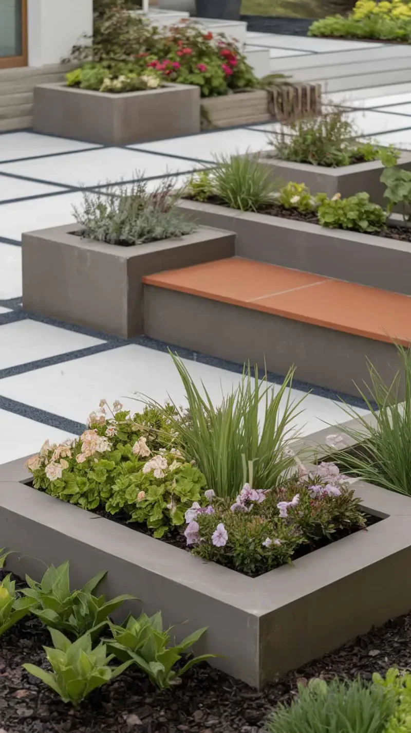 A modern front yard featuring a built-in bench surrounded by colorful decorative planters.