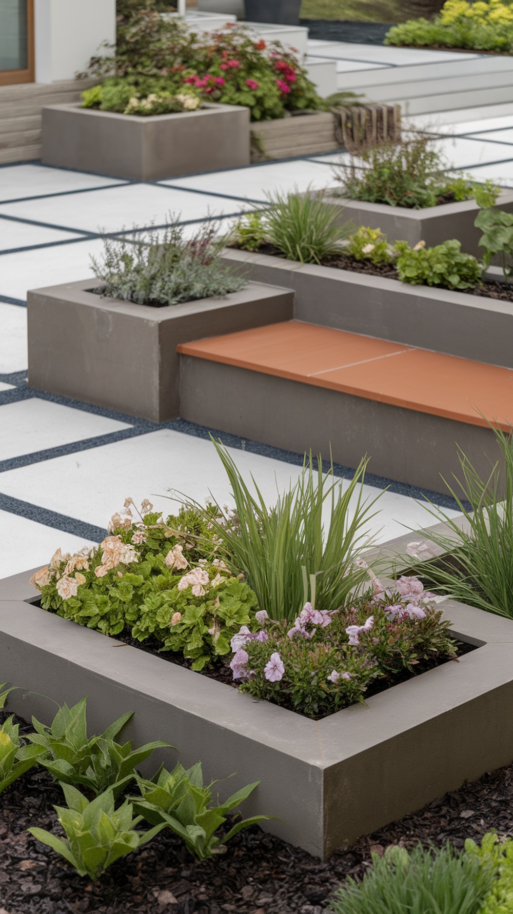 A modern front yard featuring a built-in bench surrounded by colorful decorative planters.