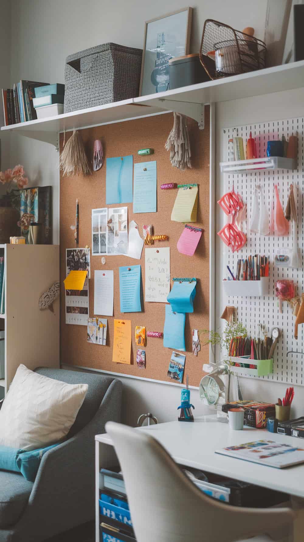 A cozy dorm room corner showing a bulletin board with colorful notes and a pegboard with organized supplies.