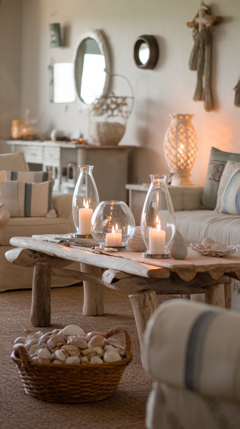 Living room with candles in glass lantern holders on a wooden table