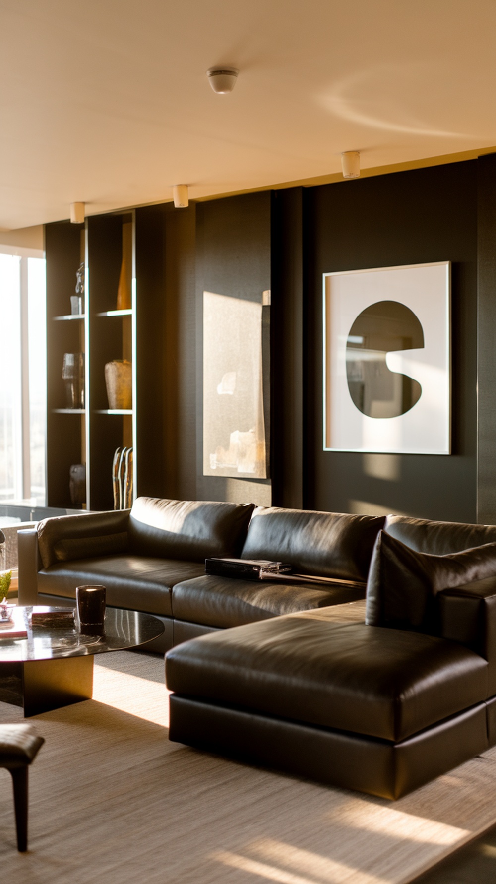 A stylish charcoal sectional sofa in a modern living room with black decor and natural light.