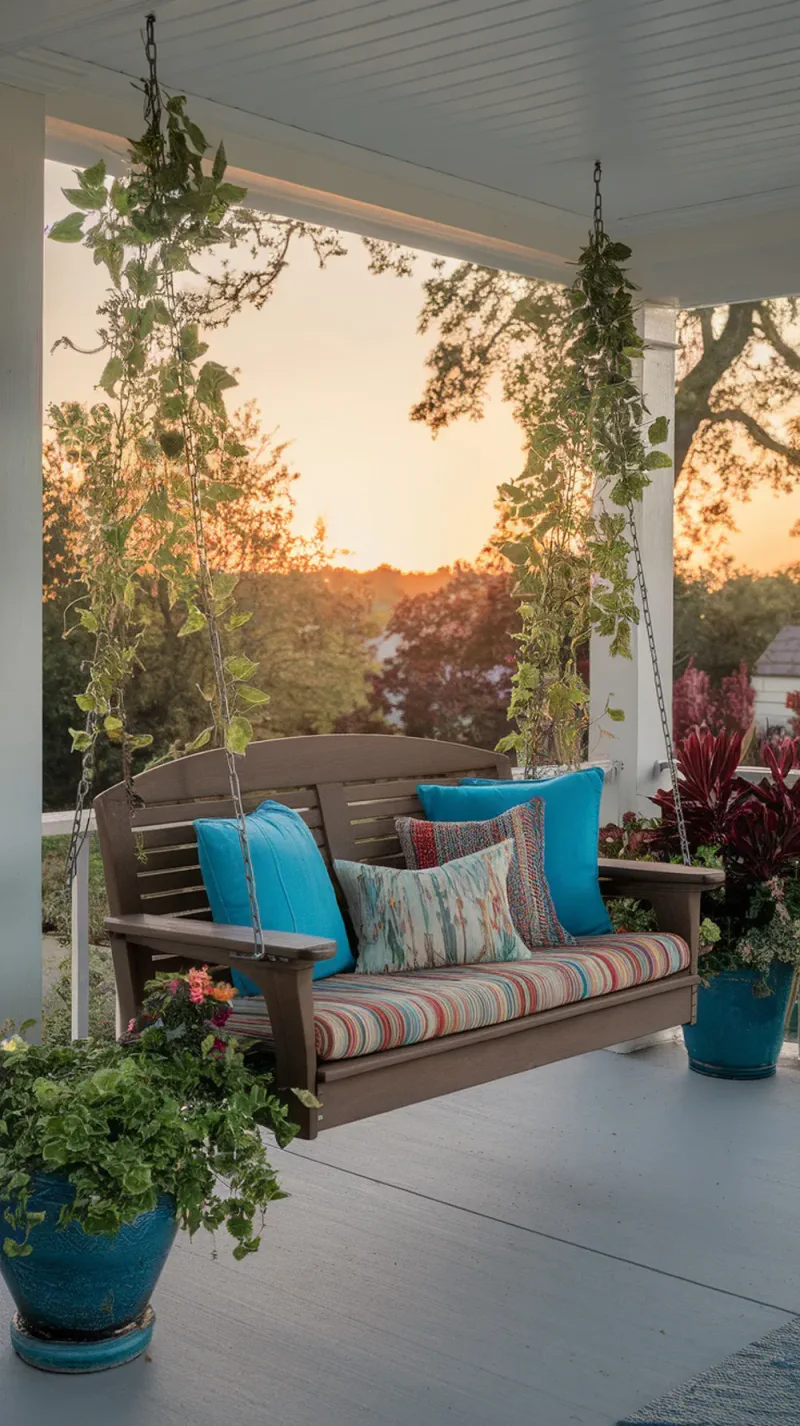 A cozy porch swing with colorful cushions and plants, designed for relaxation.